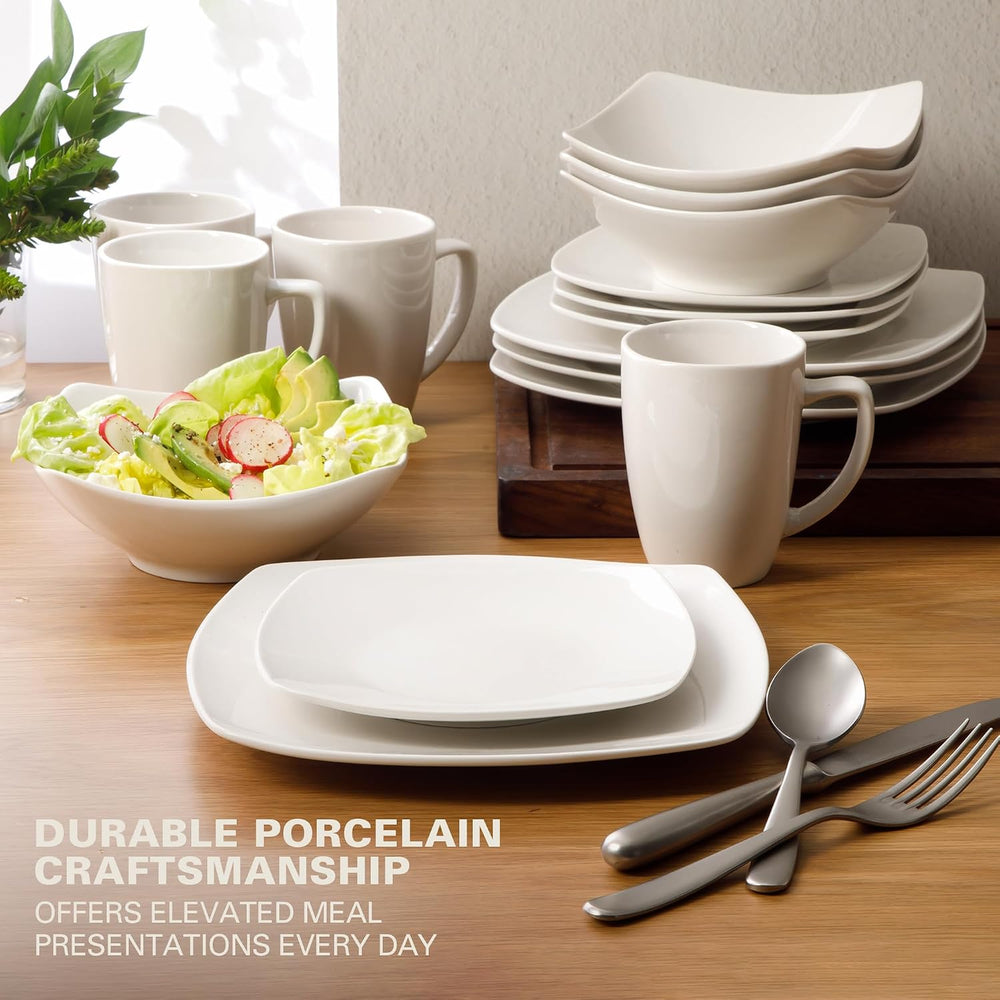 Gibson Home Zen Buffet White Porcelain Dinnerware Set for 4, Square Plates Bo...