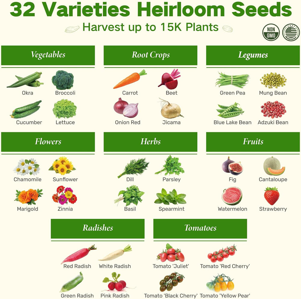 LUSH&DEW Raised Garden Bed Heirloom Seed Bank, 32 Type 30000+ Non-GMO Seeds
