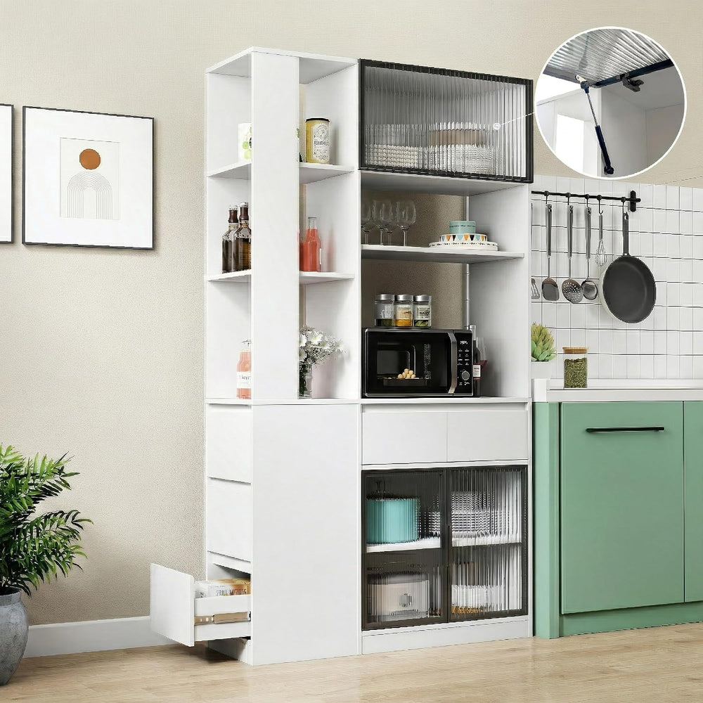 Modern 70.87" Tall Storage Cabinet with 5 Drawers, Glass Doors and Displ...