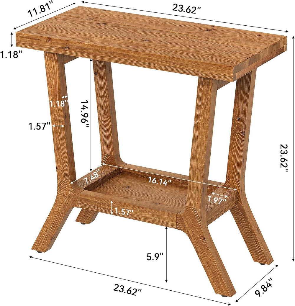 Solid Wood End Table, Small Wooden Side Table with 2-Tier Storage, Narrow Rus...