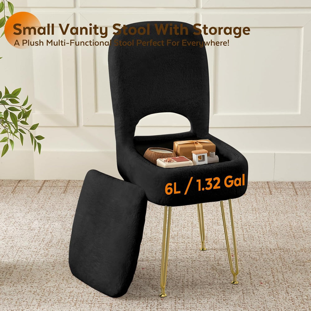 BRIAN & DANY Vanity Chair with Storage and Folding Back, Faux Fur Square ...