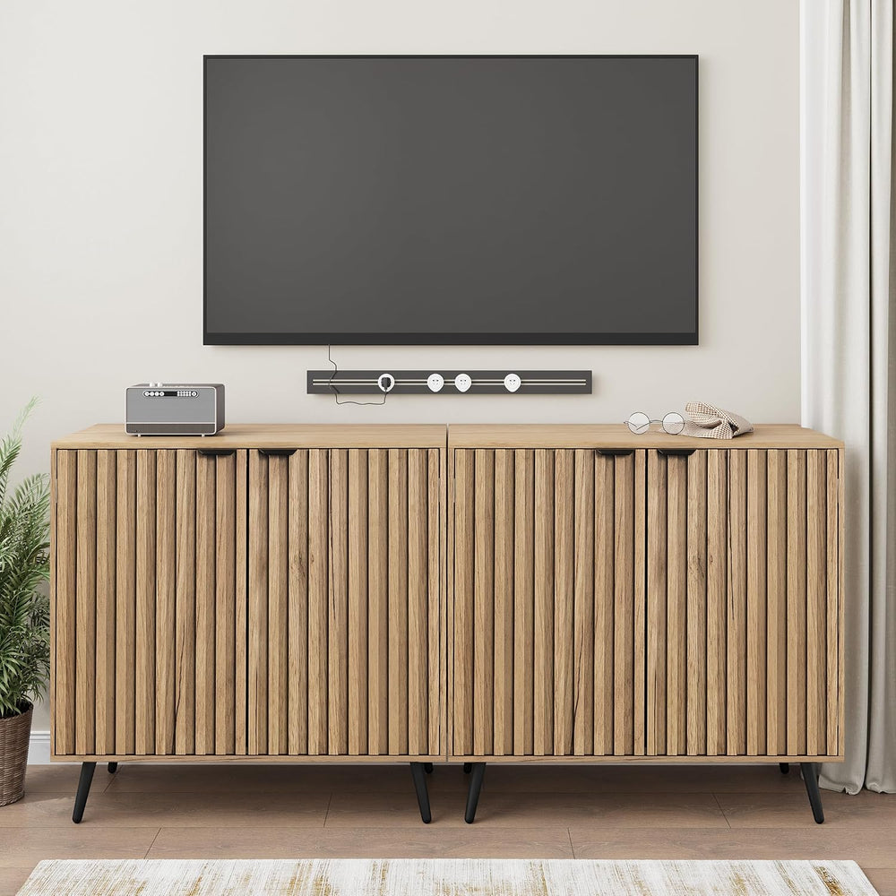 Smuxee Fluted Sideboard Cabinet, Freestanding Natural Buffet Cabinet with Adj...