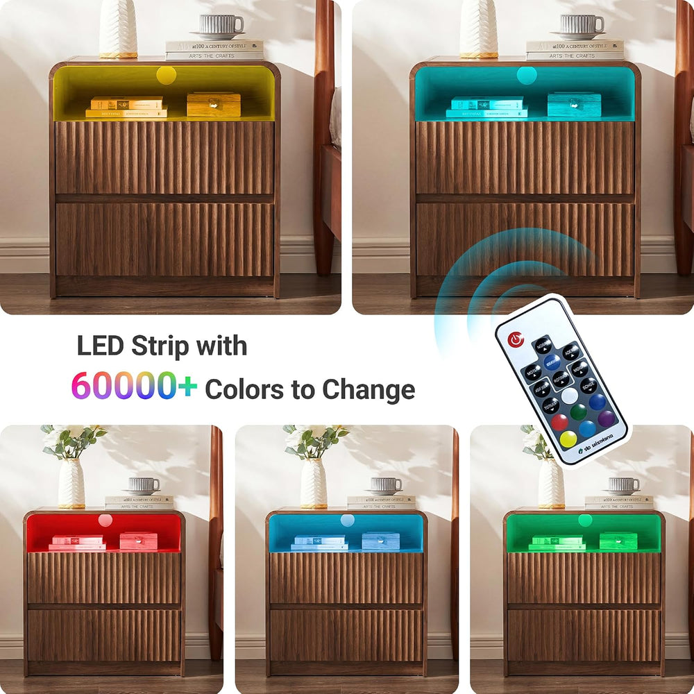 Seang Nightstand Set of 2,Fluted Nightstand with Charging Station & LED L...