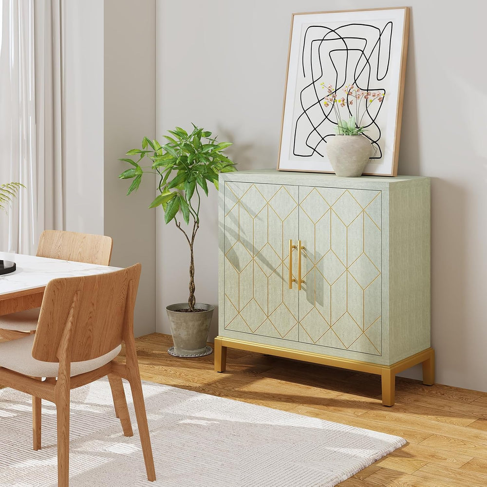 HLR Green Accent Cabinet with Gold Trim,Storage Cabinet with 2 Doors,Modern W...