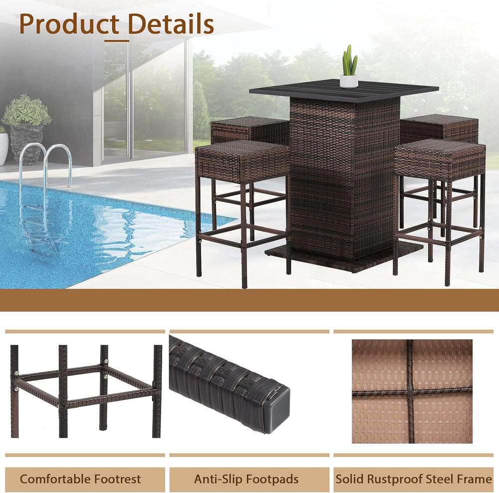 RELAX4LIFE 5-Pcs Outdoor Bar Set, Wicker Bar Height Outdoor Table & Chairs