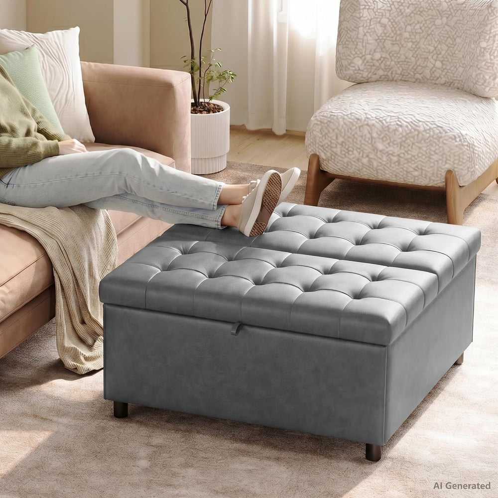 LINLUX Grey Leather 36 Inch Square Large Living Room Lift Top Ottoma | LINLUX...