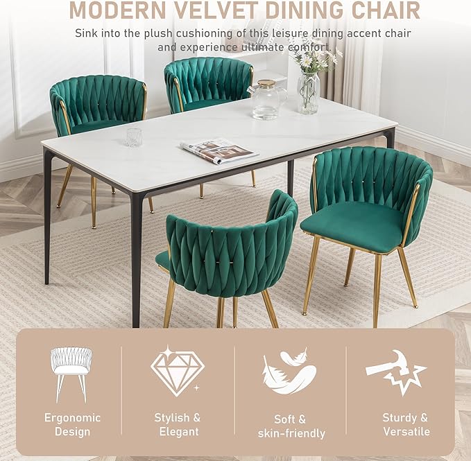 Kiztir Green Velvet Dining Chairs Set of 4 Upholstered Modern Dining Room Cha...