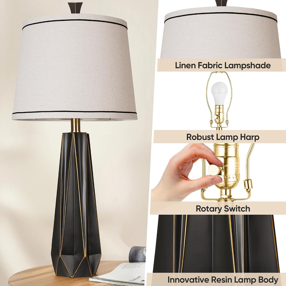 27" Black Gold Rim Resin Table Lamp, Modern Desk Lamps, 3 Color Temperature