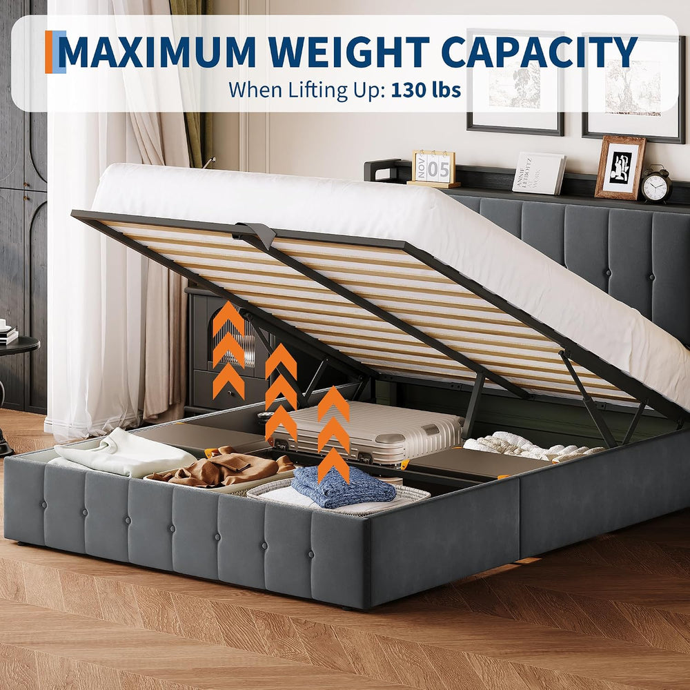 IDEALHOUSE Queen Upholstered Velvet Bed Frame with Lift Up Storage, Grey
