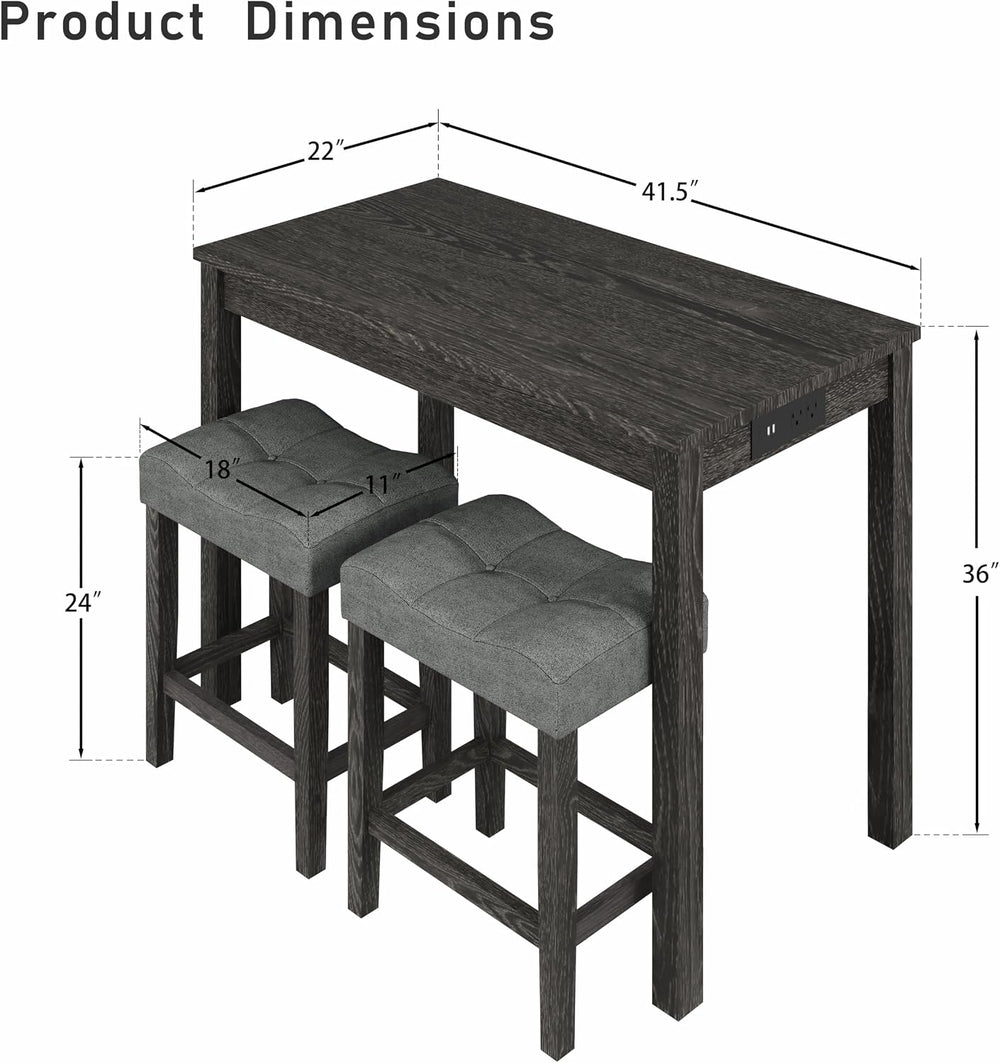 allamazing 3-Piece Counter Height Bar Table Set with Socket and 2 Fabric Padd...