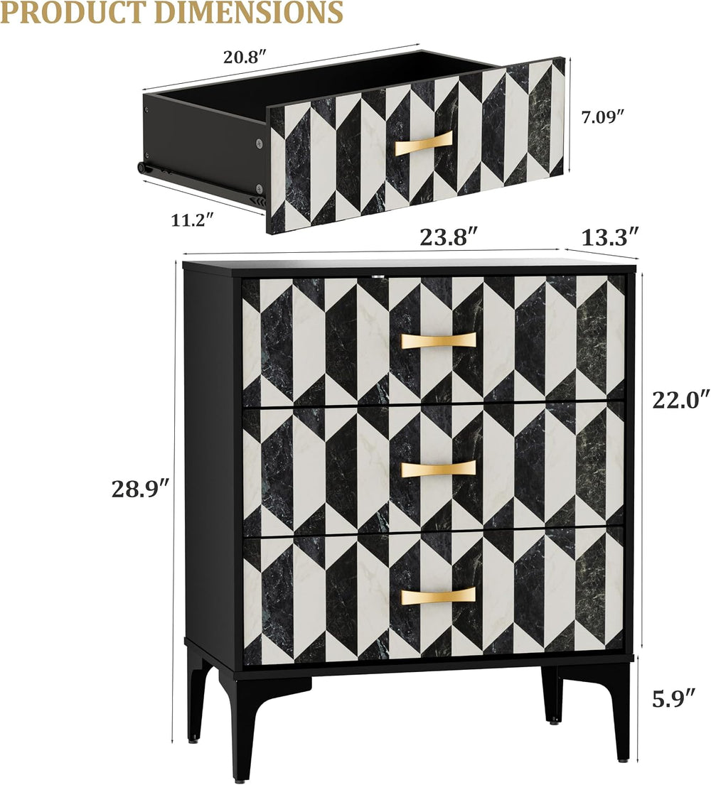 Anbuy Black Marble Nightstand, Modern Night Stand with 3 Drawers for Bedroom,...
