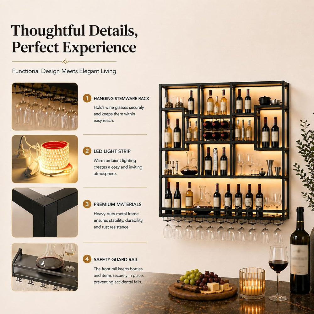 71in LED Wall Mounted Wine Rack with Stemware Holder and Wood Shelves | Combi...