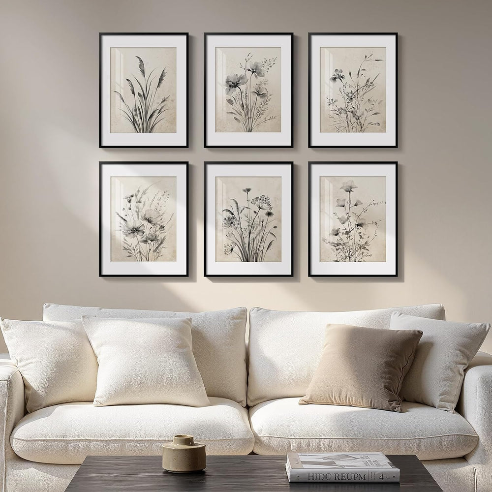 Framed Vintage Black and White Boho Botanical Wall Art, 6 Piece 11x14 In