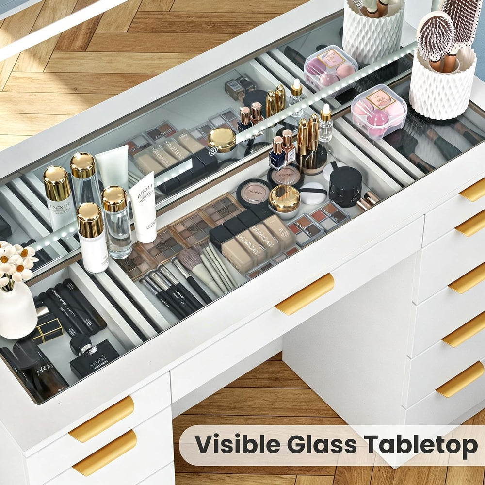 Pamapic Glass Top Vanity Desk with Mirror and Lights, 11 Drawers Makeup Vanit...