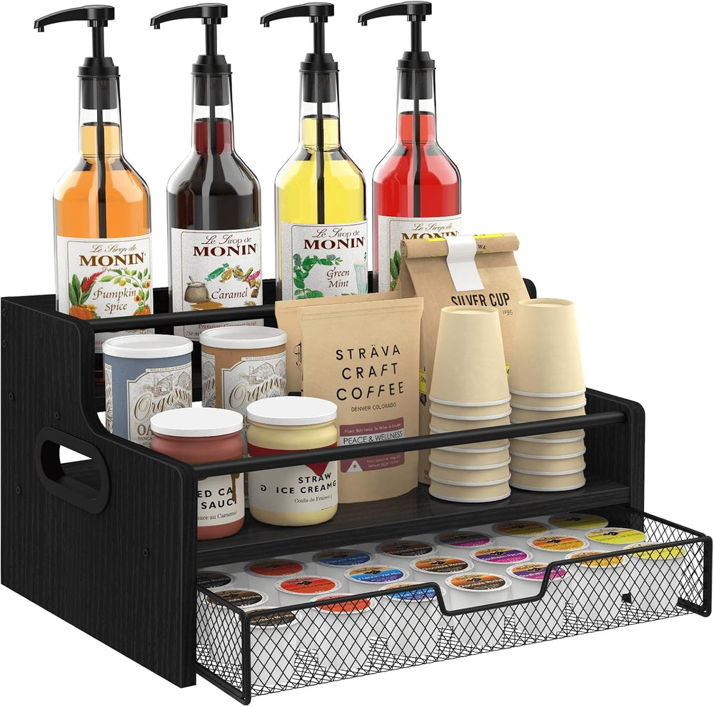 Homode 3-Tier Coffee Bar Organizer, 8 Bottle Syrup Stand, Black | 35 Coffee P...