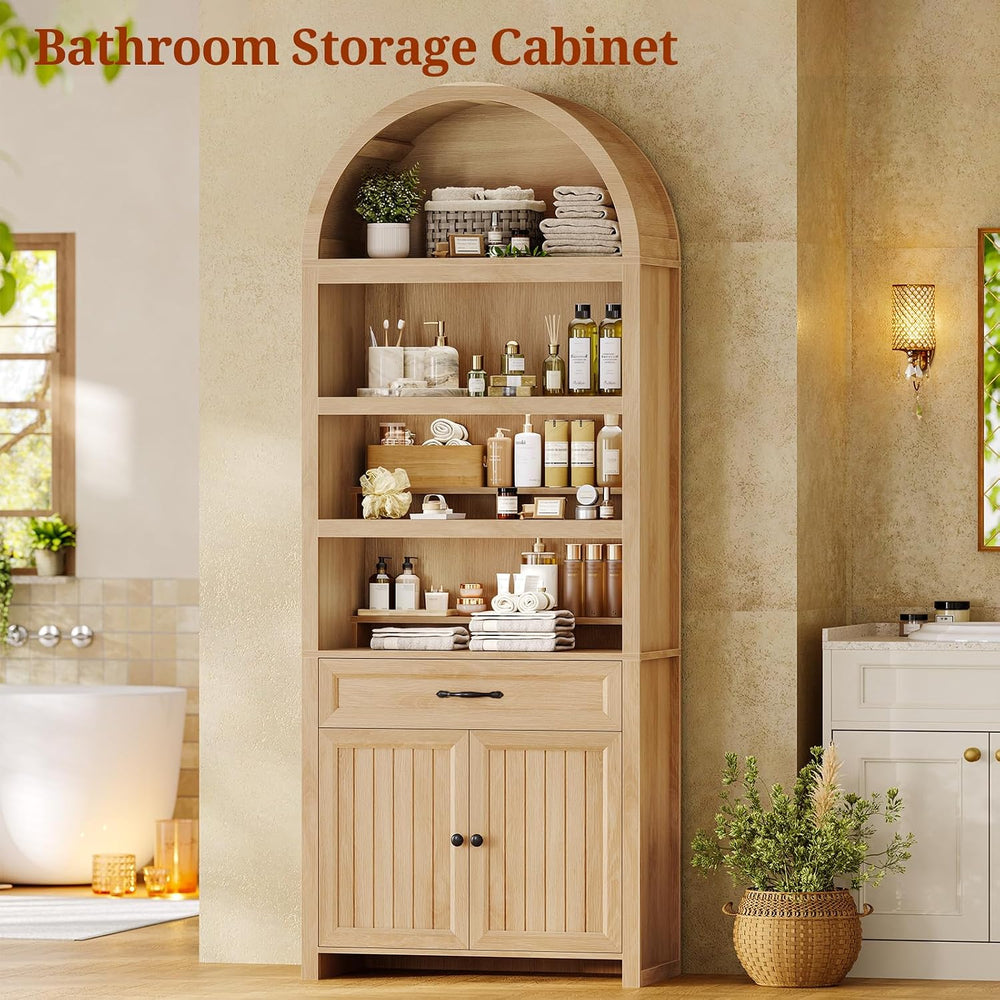 84.2" Tall Arched Cabinets,Bookcase with Drawer storage,Mid-Century Mode...