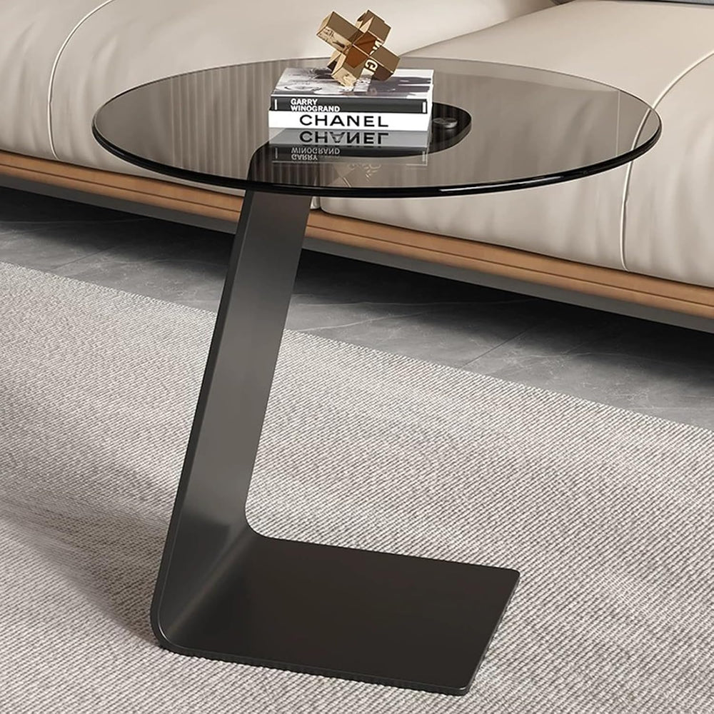 Modern C-Shaped End Table, Tempered Glass Tabletop Couch Side Table, Black Ro...