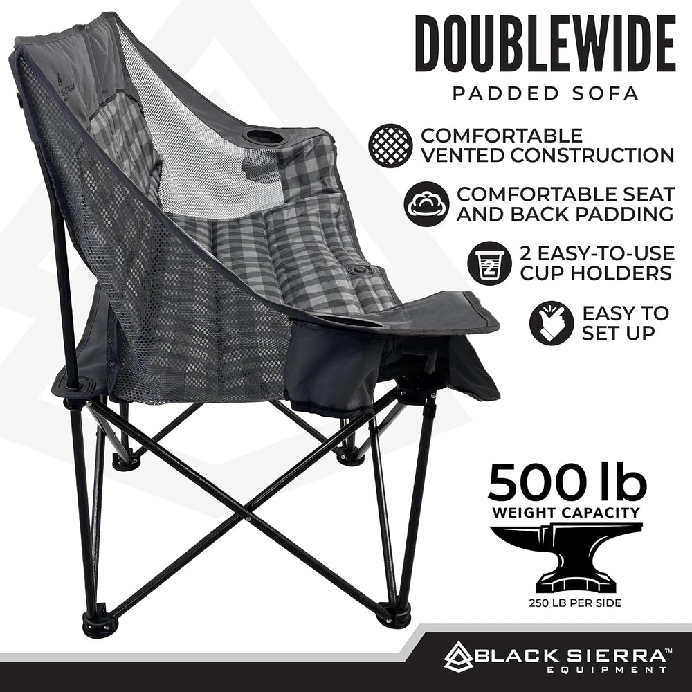 Black Sierra Double Camping Chair Loveseat, Oversized Padded, 600 lb