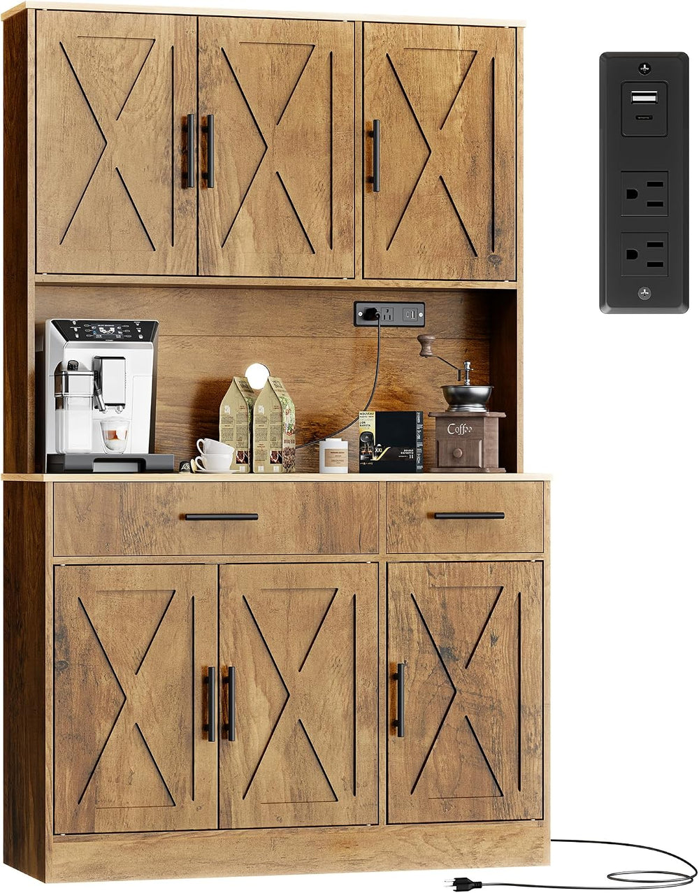 Shintenchi Pantry Cabinet with Charging Station, 70” Tall Kitchen Storage Cab...