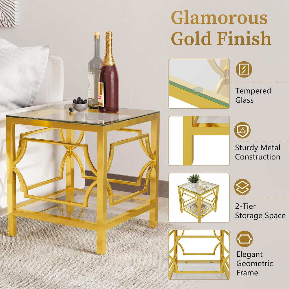 Modern 19.7" Square Glass Side Table for Living Room Luxury 2-Tier Stora...