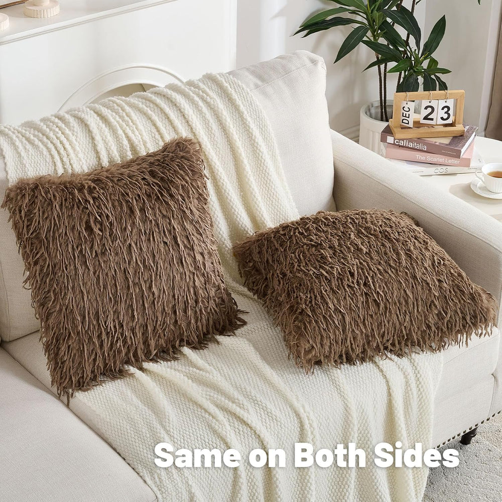 FUTEI Pack of 2 Fluffy Faux Fur Throw Pillow Covers 18x18 Inch, Brown