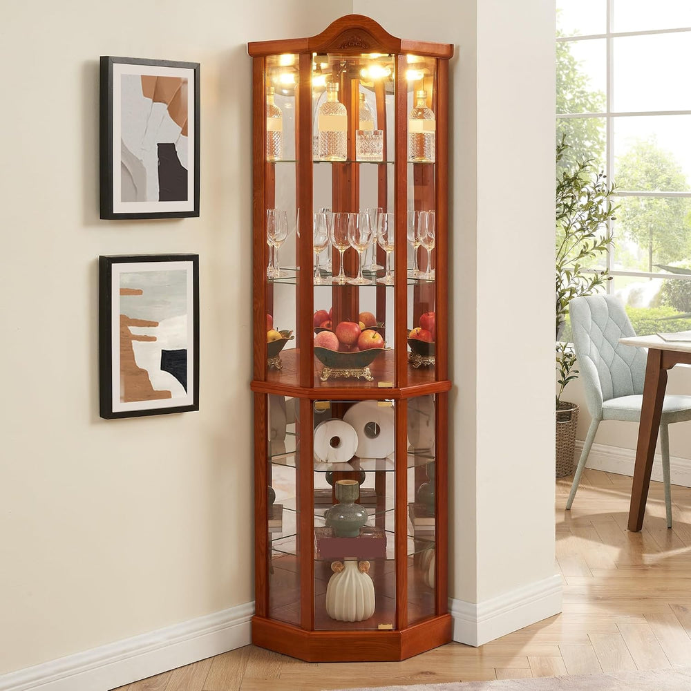 Classical Glass Cabinet Lighted, Wine Cabinet with Adjustable Glass Shelves, ...