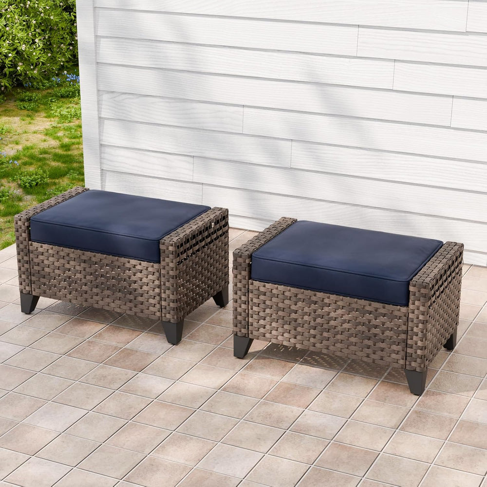 2 Pieces Modern Outdoor Wicker Patio Footstools, Multipurpose PE Rattan Ottom...