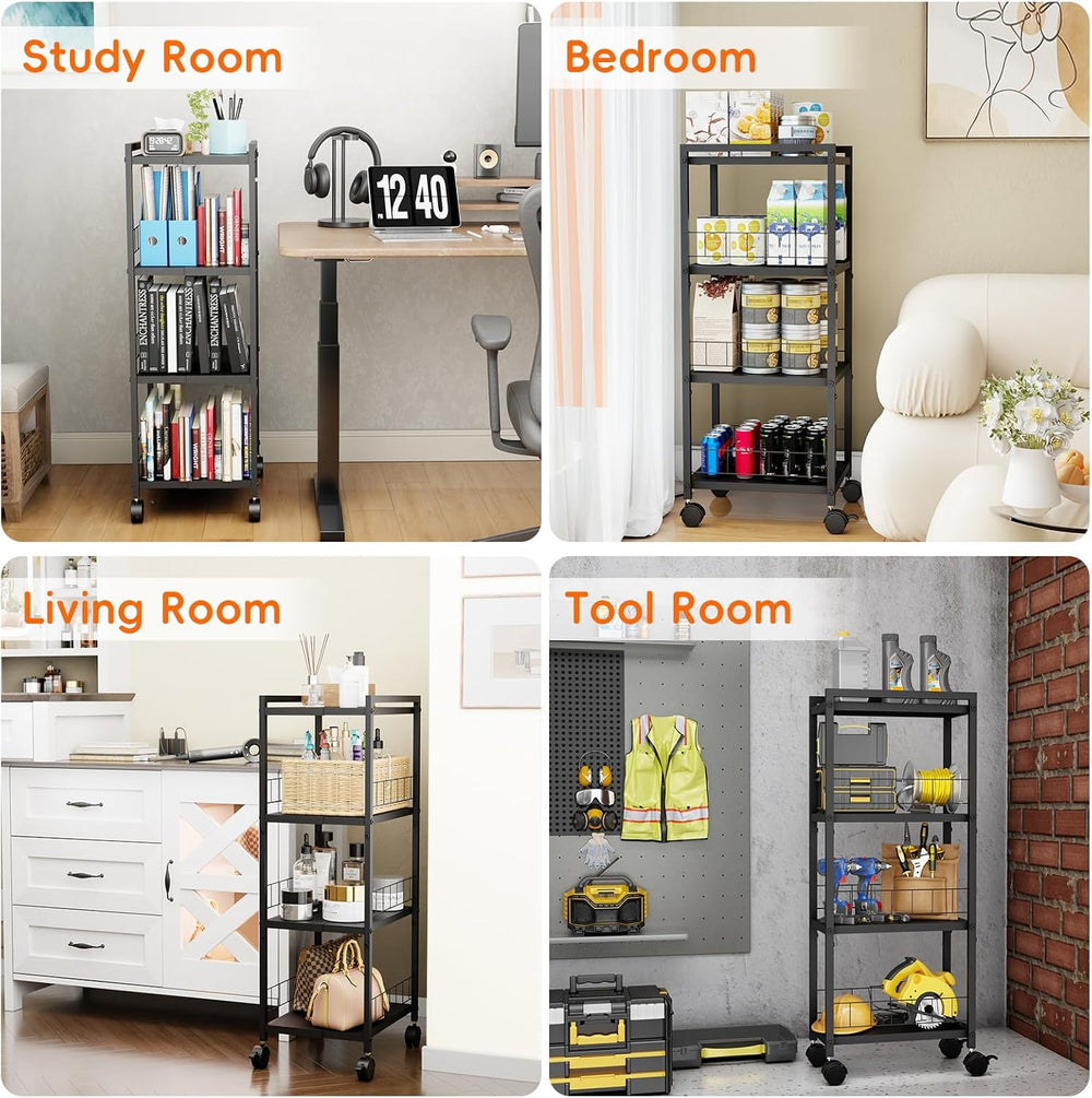Expandable Slim Storage Cart with Wheels, 4 Tier Narrow Metal Rolling Utility...