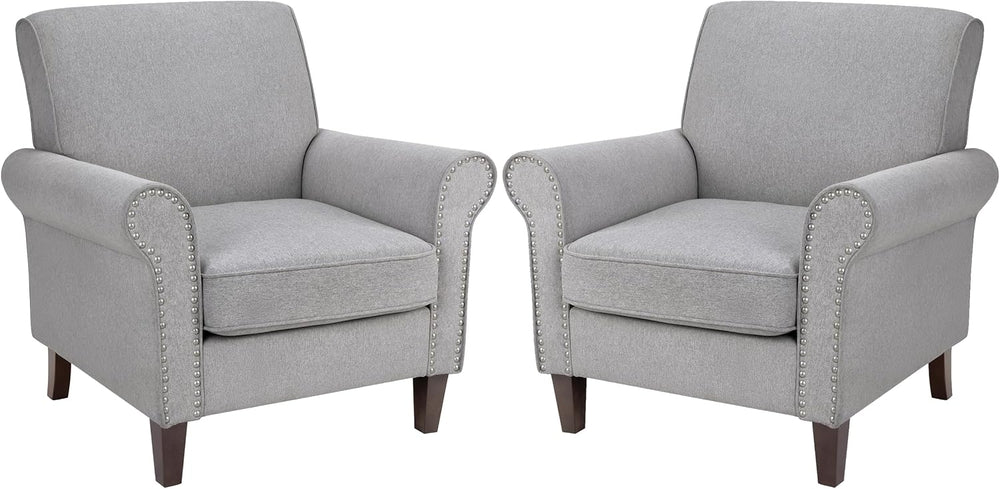 PrimeZone Comfy Accent Chairs Set of 2, Mid-Century Modern Arm Chair, Grey