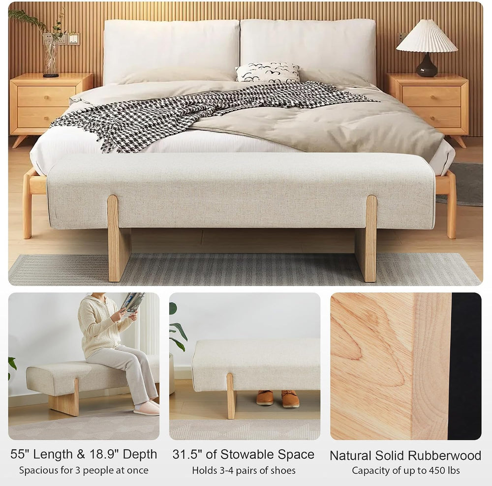 Zesthouse Solid Wood Bench for Bedroom, 55'' Upholstered Linen Fabric...
