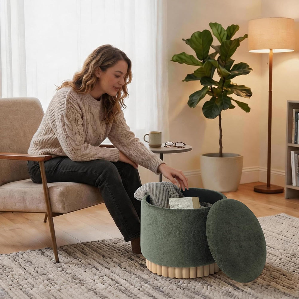 Get Set Style Round Ottoman with Wooden Base, Storage Vanity Stool for Makeup...