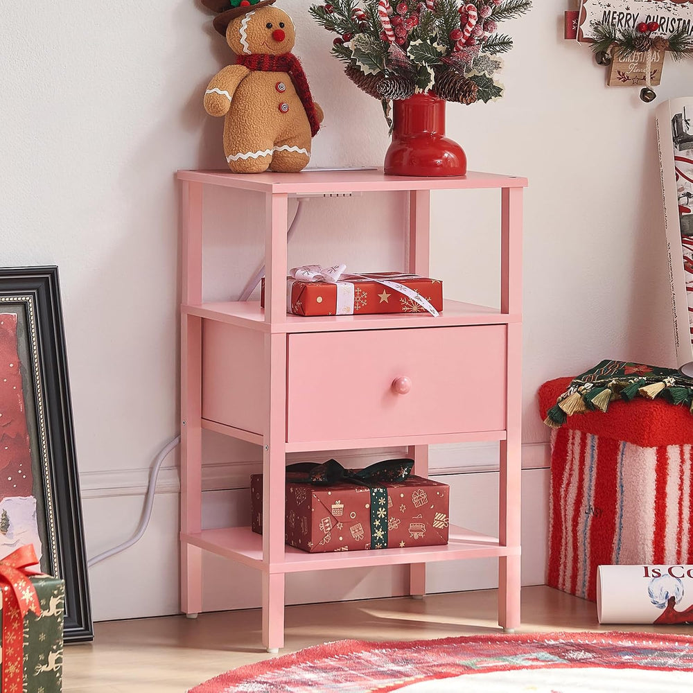 Lerliuo Nightstand with Charging Station and USB Ports, 3-Tier Storage Pink E...