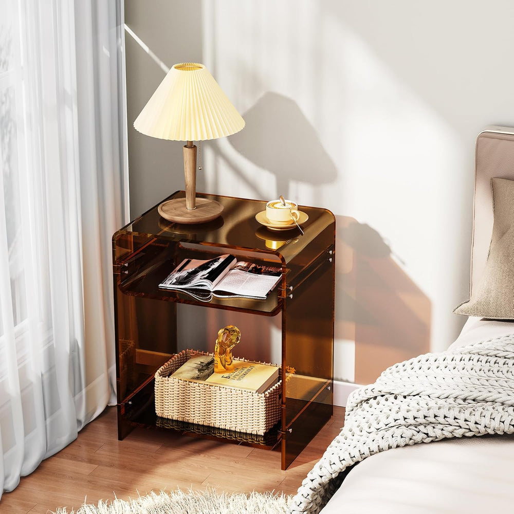 Acrylic End Table Record Player Table with Storage Shelf Clear Side Table Nig...