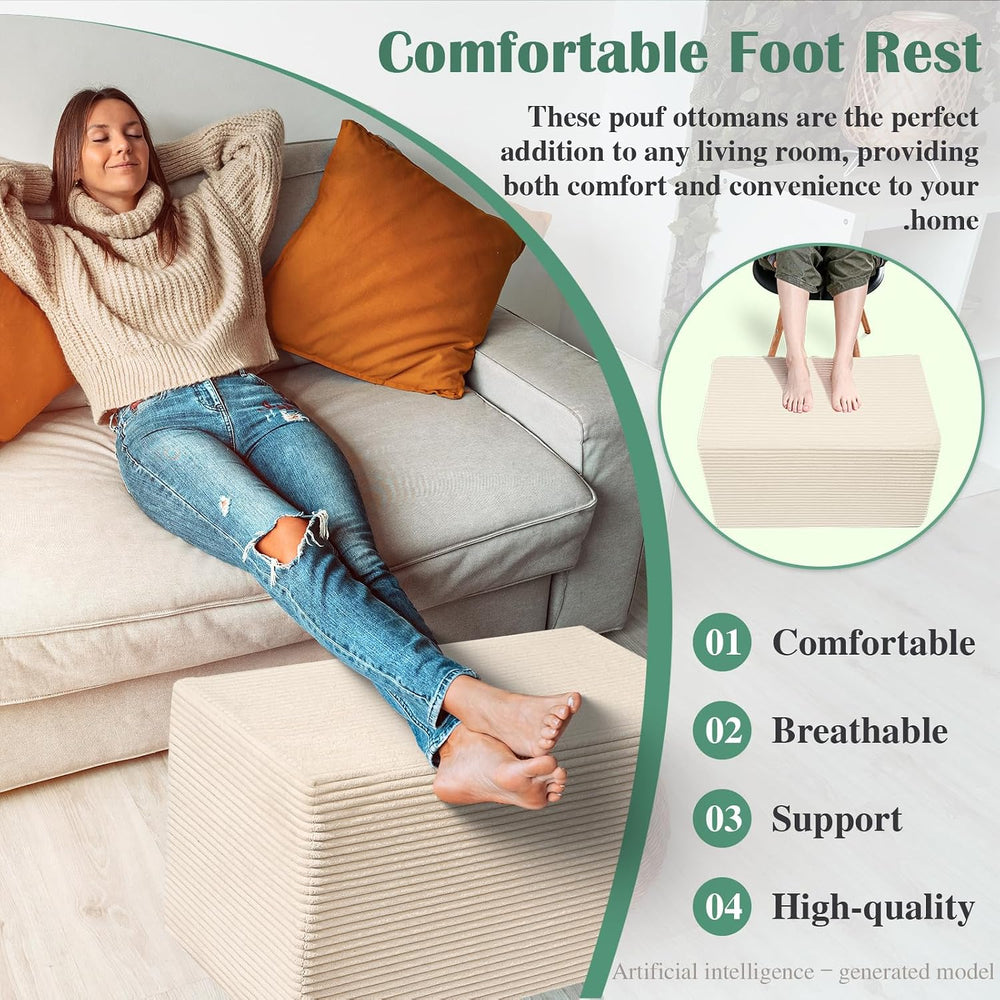 Rectangular Pouf Ottoman Soft Furry Corduroy Foot Rest for Chair | Stuffed Fl...