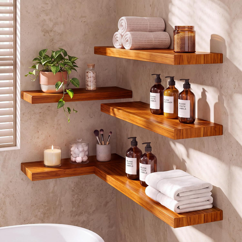 24" Teak Floating Shelves, Natural - Set of 2