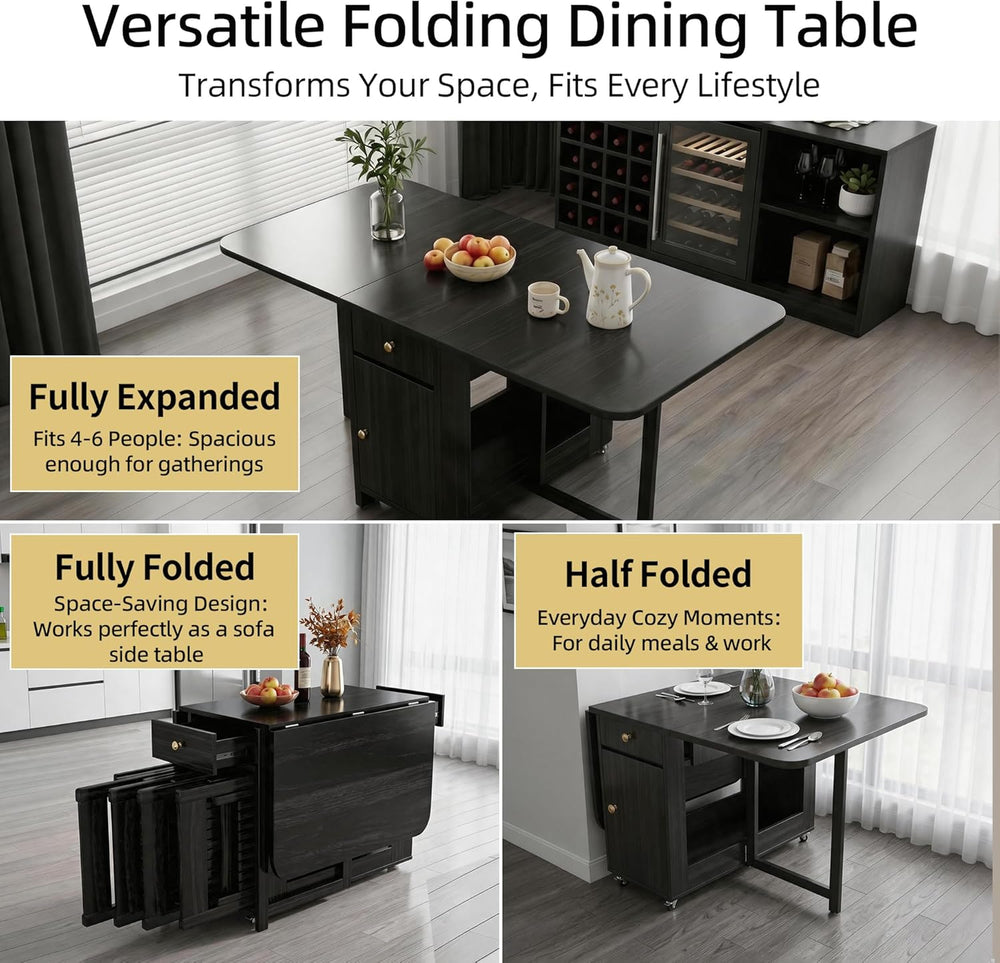 Small Foldable Dining Table - 59" Fully Assembled Drop Leaf Tables for S...
