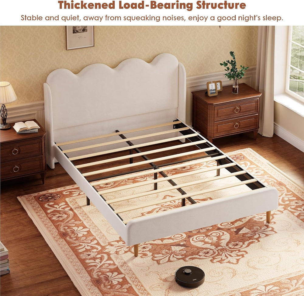 Garvee Chenille Upholstered Queen Bed Frame, Wingback Design, Beige