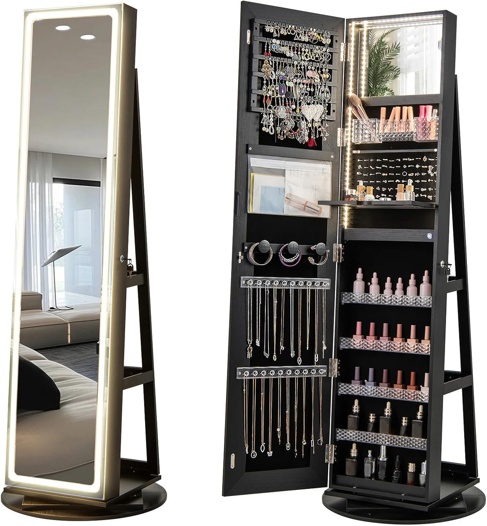 CHARMAID 360° Swivel Jewelry Armoire with LED Lighted Full Length Mirror