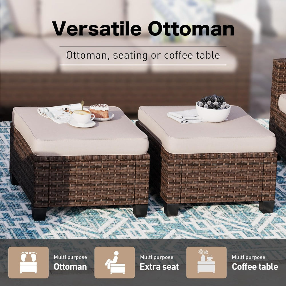 SUNSHINE VALLEY Outdoor Patio Ottomans,2 Pieces All Weather Wicker Ottomans w...