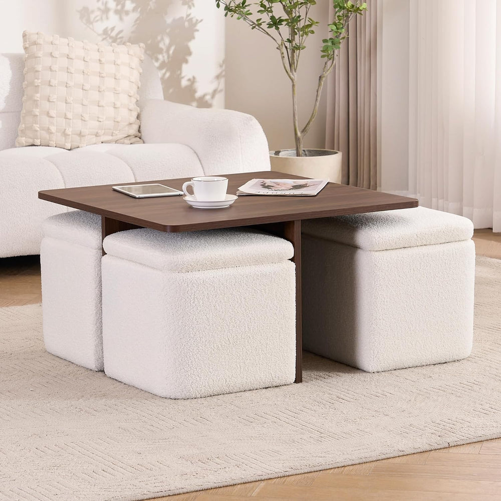 Square Coffee Table with Storage Ottomans, Beige