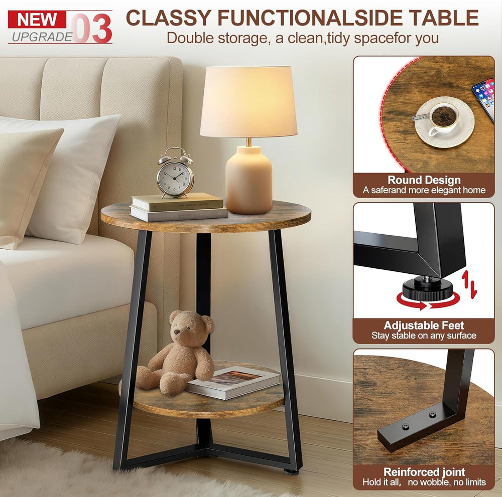 Round Side Table, 2-Tier Small End Table with Storage Shelf, Ultra Stable Cof...