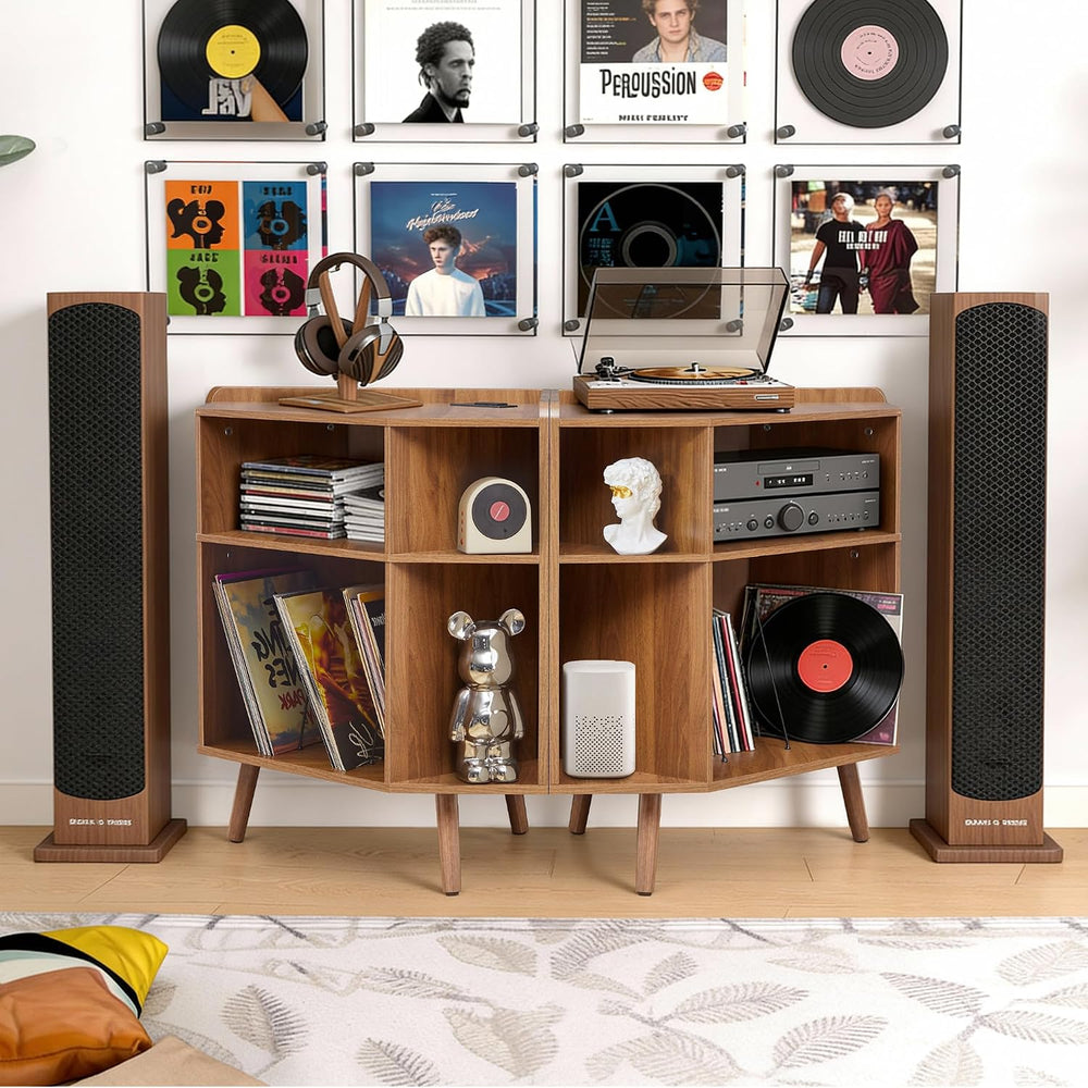 Corner Record Player Stand with Charging Station & USB Ports