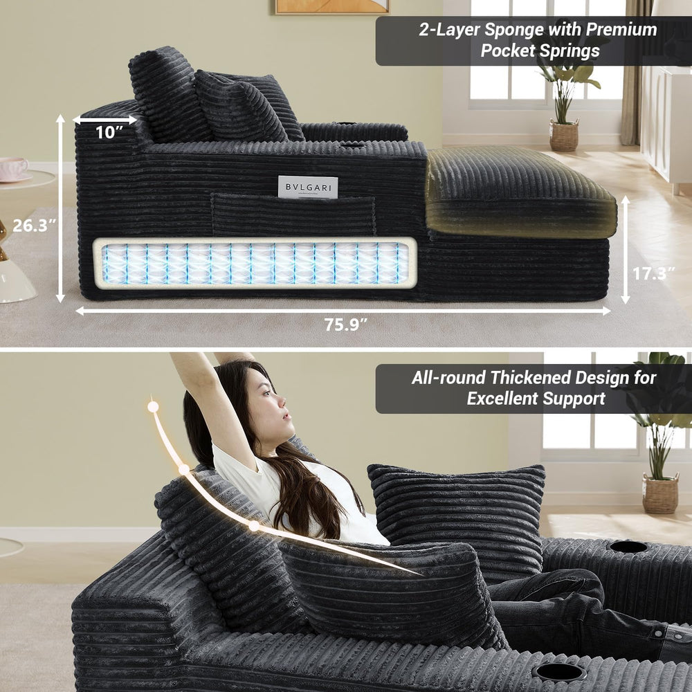 49" x 76" Corduroy Chaise Lounge, Cup Holders, Dark Gray | Super-ov...