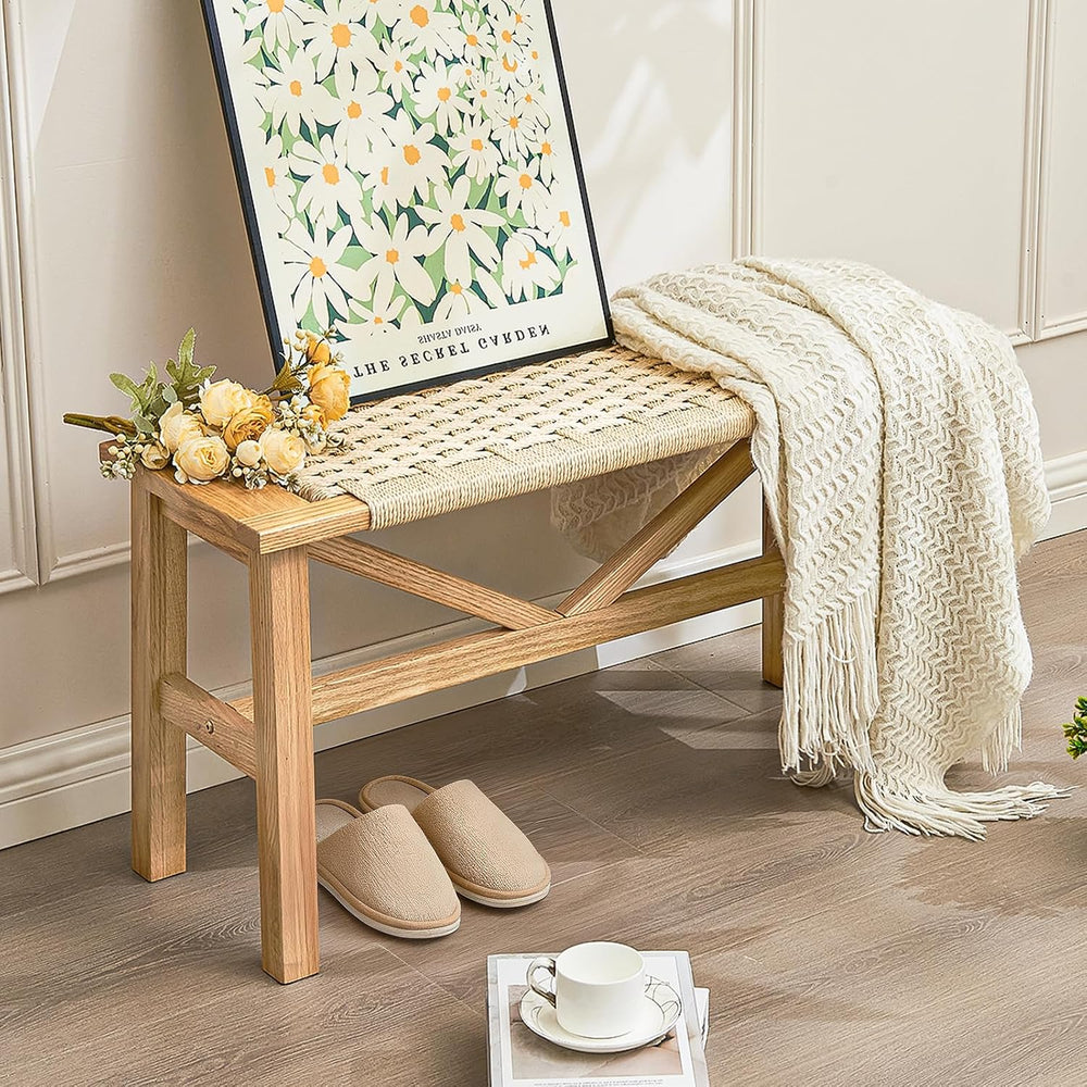 Solid Wood Narrow Bench, 33.46" Woven Bench for Entryway and Hallway, En...