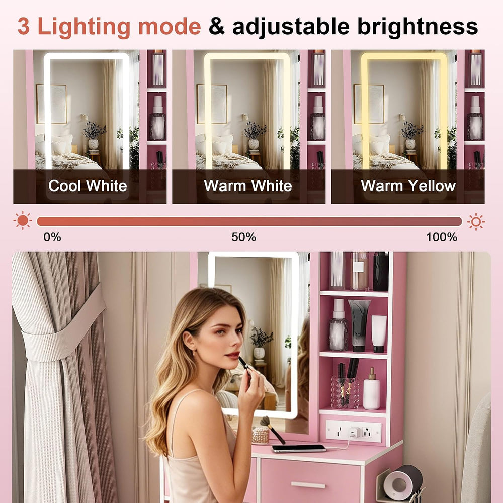 Small Vanity Desk Set with Mirror and Adjustable LED Lights, Compact Pink Dre...