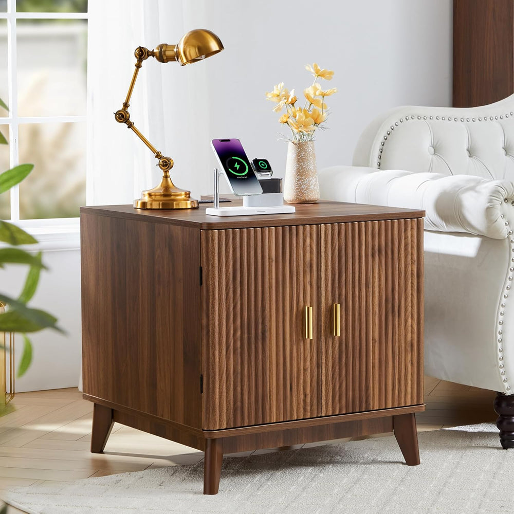 Fluted End Table with Charging Station, 2 Door Side Table with Storage, Mid C...