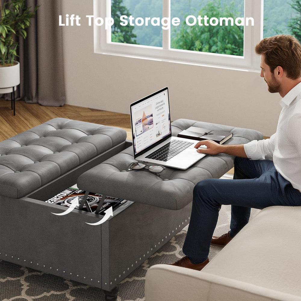 FUXA 35" Large Square Ottoman with Storage and Lift Top, Wood Legs, Gray...