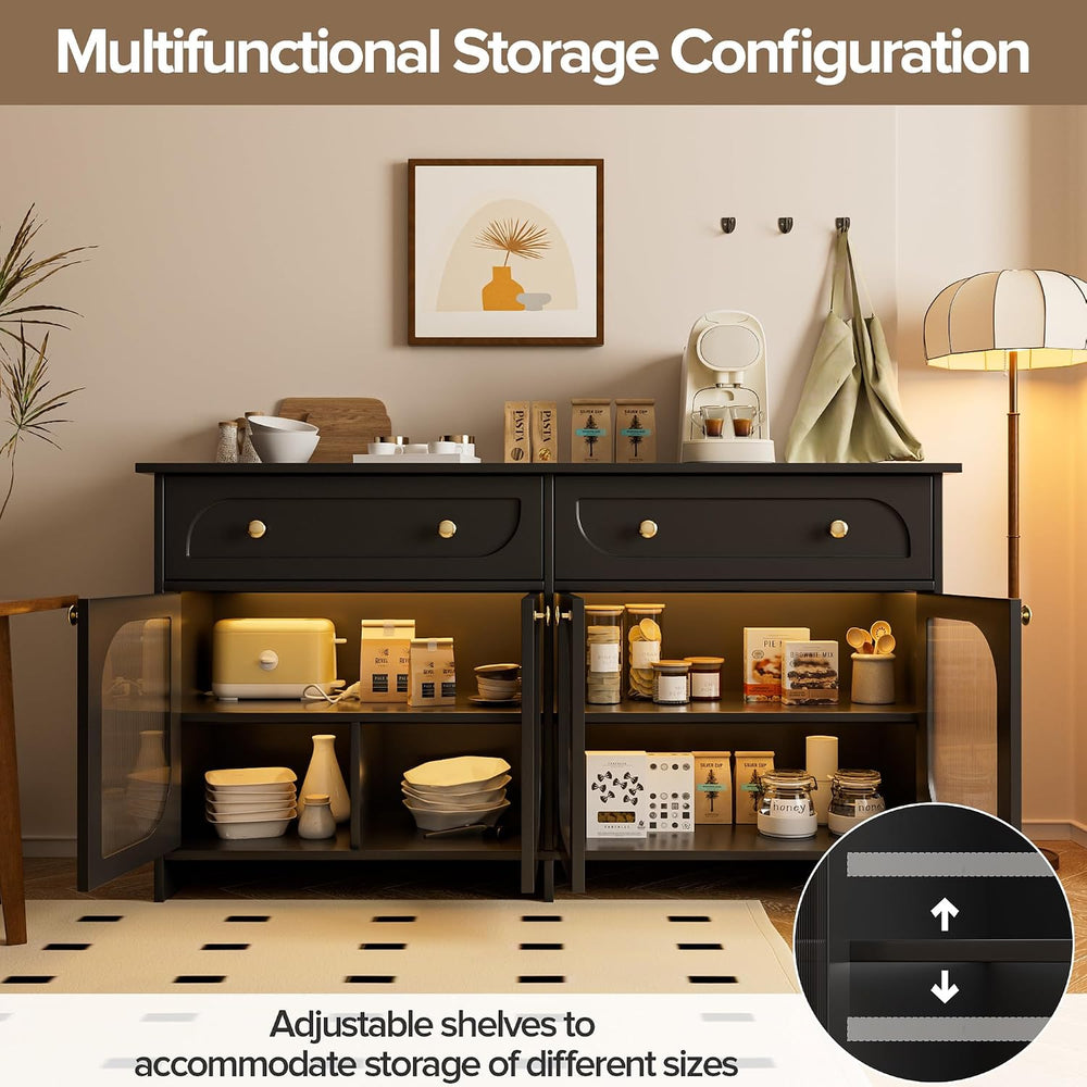 Buffet Cabinet with Storage and LED Light, 55” Sideboard Buffet Cabinet with ...