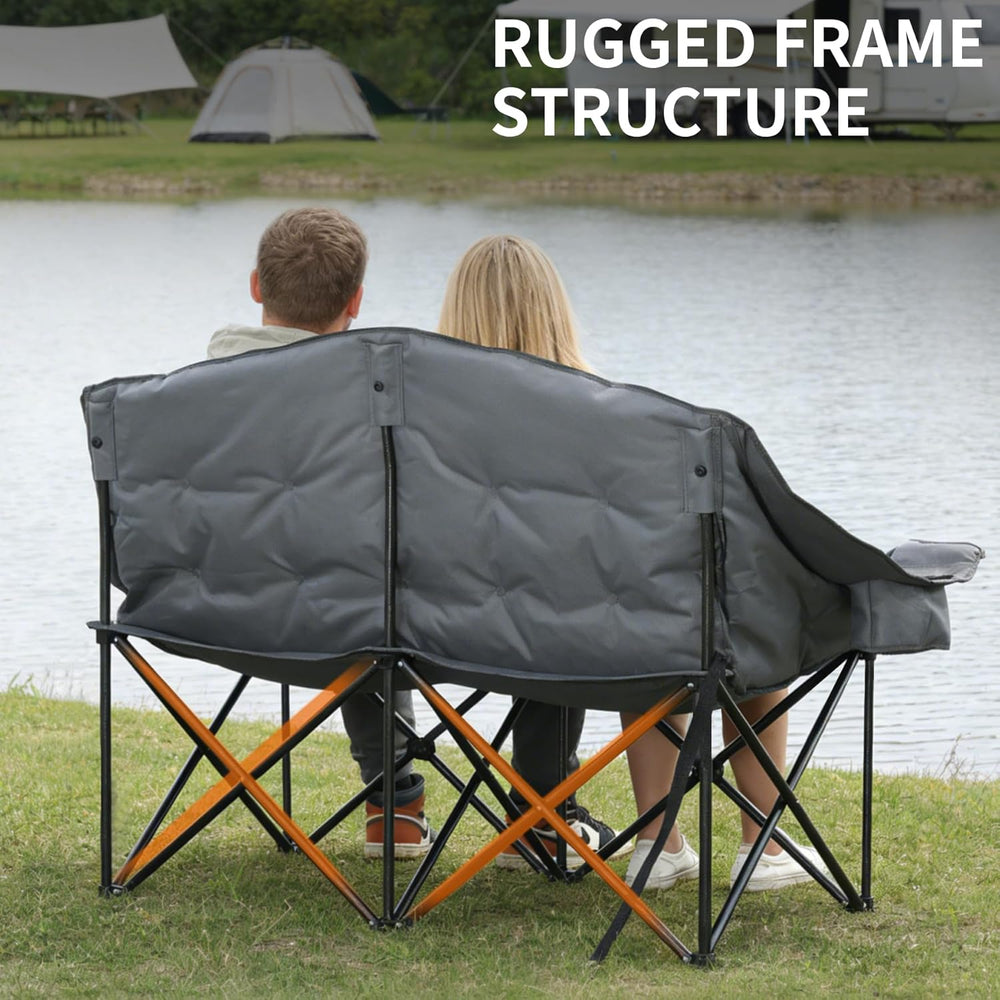 Oversized Double Camping Chair Heavy Duty Padded Double Folding Chair with Cu...