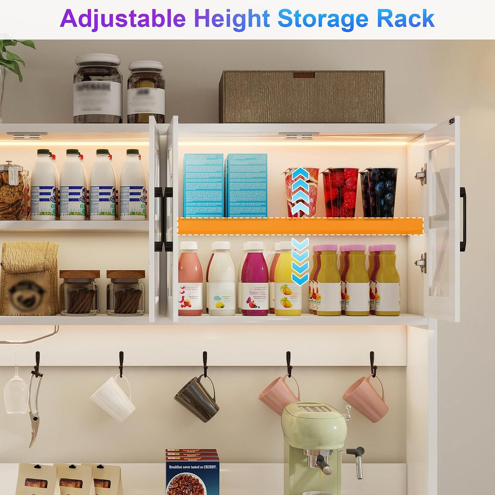 MUUEGM 71''Tall Kitchen Hutch with LED Lights & Power Outlet, Woo...